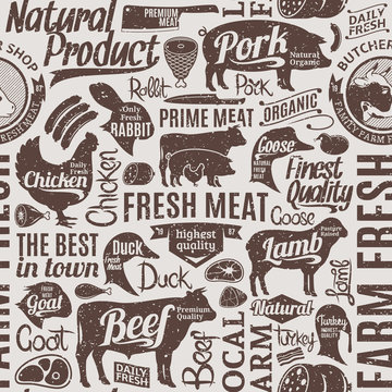 Retro styled typographic vector butchery seamless pattern or background