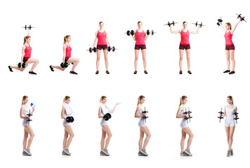 Fit, healthy and sporty woman in sportswear making physical exercises isolated on white. Set collection.