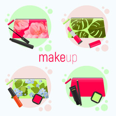 Bright cosmetic bags with different beautiful patterns - roses, tropical leaves. Cosmetic bags with tools for professional make-up: lipstick, mascara,eyeliner, foundation.