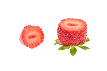 Ripe slice strawberry fruit isolated on white background.