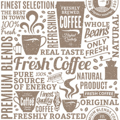 Retro styled typographic vector coffee shop seamless pattern or background