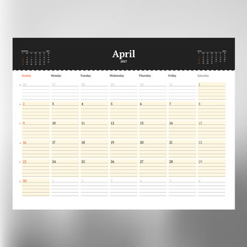 Calendar Template for April 2017. Week Starts Sunday. Design Print Template. Vector Illustration Isolated