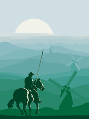 Vertical illustration of horseman (Don Quixote) galloping in front of windmills.