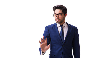 Young businessman pressing virtual buttons isolated on white