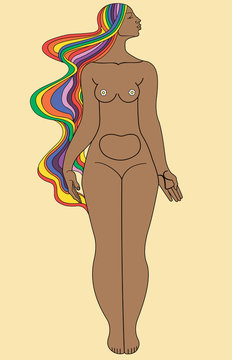 Nude girl with multicolored hairs colors of the rainbow