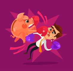 Obraz na płótnie Canvas Piggy bank character hit businessman. Vector flat cartoon illustration