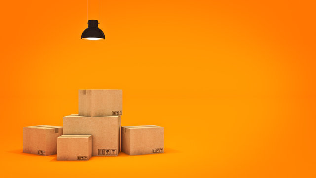 New home concept. Boxes in empty room 3D