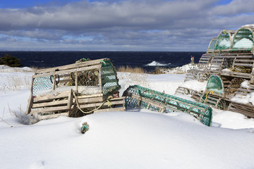 Snow covered lobster traps