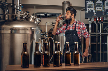 Indianr male manufacturer tasting and presenting craft beer in the microbrewery.