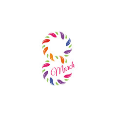 Isolated colorful number eight of leaves and petals with pink word march icon, international women day greeting card element vector illustration.