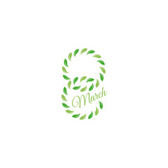 Isolated green color number eight of leaves with word march icon, international women day greeting card element vector illustration.