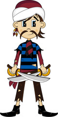 Cute Cartoon Turban Pirate with Swords