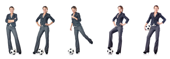 Businesswoman with football on white