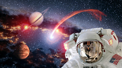 Astronaut planet Saturn Mars spaceman helmet comet space suit galaxy universe. Elements of this...