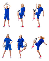 Woman playing football on white