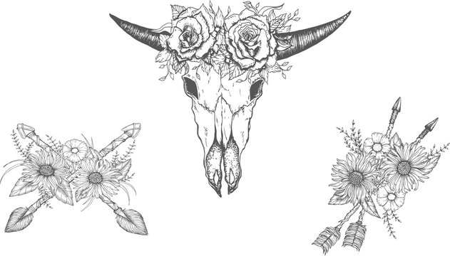Beautiful boho elements . bufflo skull, arrows, feathers and flowers