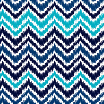 Ethnic blue and white ikat abstract geometric chevron pattern, vector