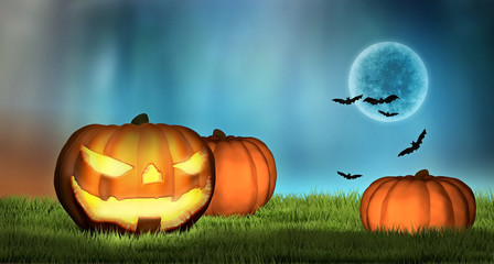 Naklejka na ściany i meble Halloween pumpkin and deep forest blurred background 3d render
