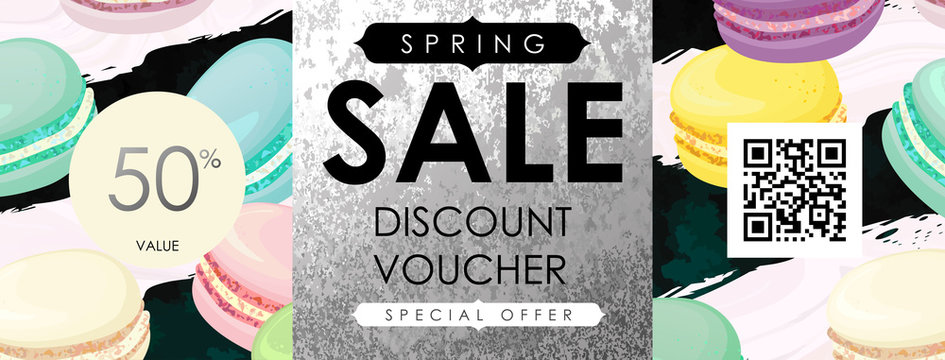 Gift certificate, Voucher, Coupon template with macaroons colorful pattern. Trendy confectionery texture with classic french almond cookies on art stroke stripes, marble background.