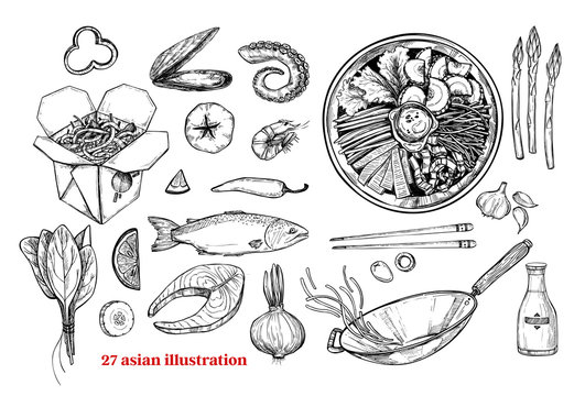Hand drawn vector illustrations - Wok. Wok box, wok pan, bibimbap, chinese noodles, tomato, pepper, shrimp, soy sauce etc. Asian fast food