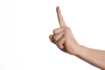 Man hand showing forefinger up. Number one sign in a white isolated background