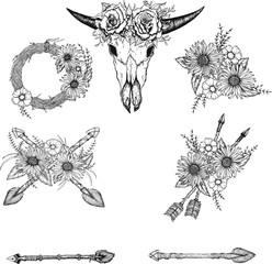 Beautiful boho elements . bufflo skull, arrows, feathers and flowers