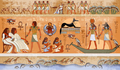 Ancient Egypt scene, mythology. Egyptian gods and pharaohs