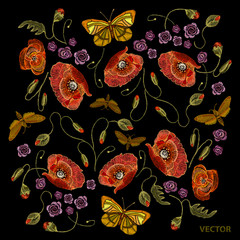 Embroidery, poppies and butterflies vector template. Classic embroidery pattern