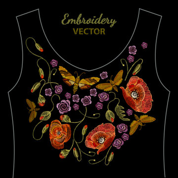 Embroidery, poppies and butterflies, t-shirt design. Beautiful floral embroidery in the classic style