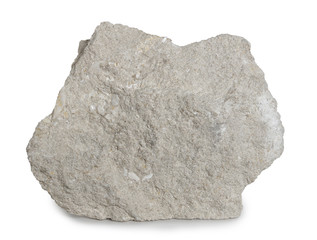 Limestone mineral stone isolated on white background. Limestone is a sedimentary rock composed largely of the minerals calcite and aragonit, composed of skeletal fragments of marine organisms.