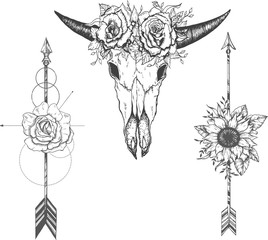 Beautiful boho elements . bufflo skull, arrows, feathers and flowers