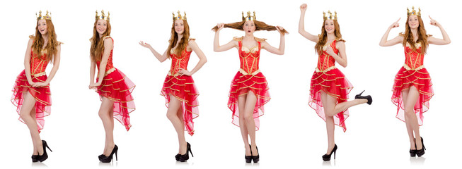 Queen in red dress isolated on white