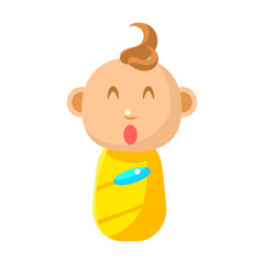 Small Happy Newborn Baby Swaddled In Yellow Diaper Vector Simple Illustrations With Cute Infant