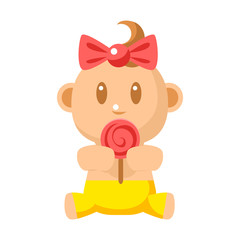 Small Happy Baby Girl In Yellow Pants Eating A Lollypop Vector Simple Illustrations With Cute Infant