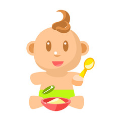 Small Happy Baby Boy In Green Nappy Eating Porridge With Spoon Vector Simple Illustrations With Cute Infant