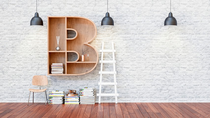 A library with bookshelves a letter b.
