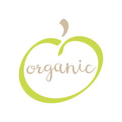 Organic food logo. Vector label illustration. Green and brown apple symbol isolated