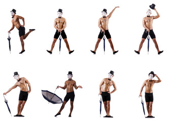 Naked muscular mime isolated on white