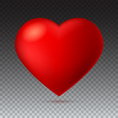 Big red, a scarlet heart isolated on transparent background with shadow. Symbol, Icon, 3D illustration for use in template for greeting card, shape closeup, red heart icon for web sites and apps.