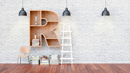 A library with bookshelves a letter r.