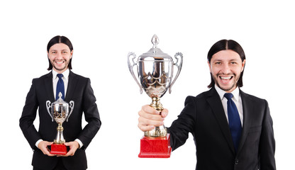 Businessman awarded with prize cup isolated on white