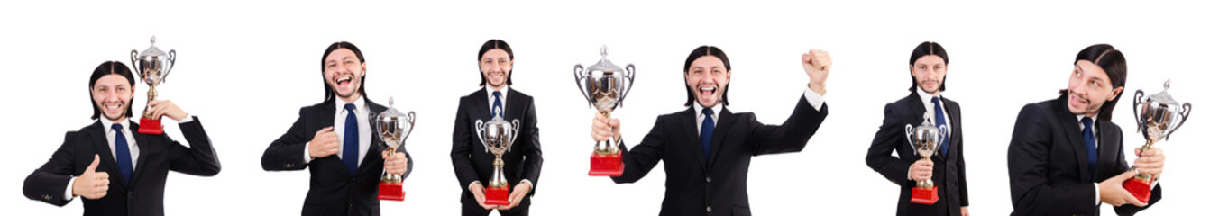Businessman awarded with prize cup isolated on white