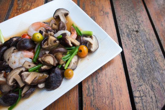 close up mushroom fried with shrimps.healthy food