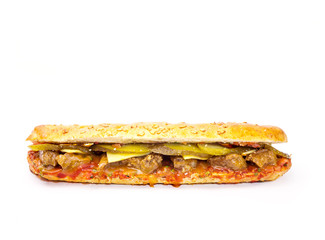long sandwich with cucumbers and Burger on white background 2