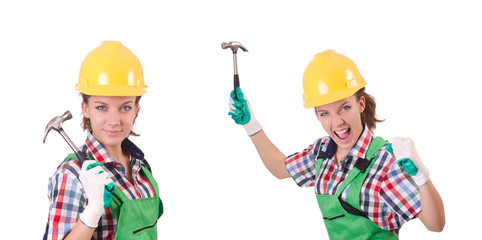 Female workman in green overalls isolated on white