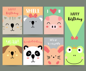 Pink blue green collection for banners,Flyers,Placards with bear,cat,panda,rabbit,dog ang pig