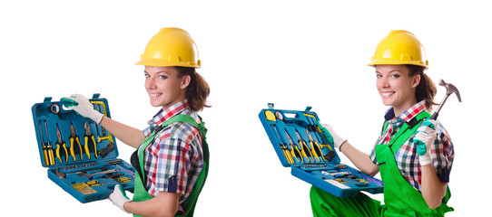 Female workman in green overalls isolated on white