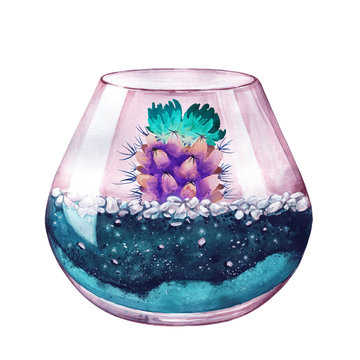 Watercolor illustration. Neon color. Space ground. Floral design. Terrarium for succulents and cacti. Open glass sphere. Round transparent vase. Isolated on white background. Home flower. Home Decor.