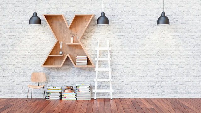 A library with bookshelves a letter x.