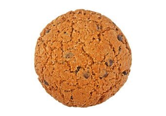 Chocolate chip cookie isolated on white background, top view.